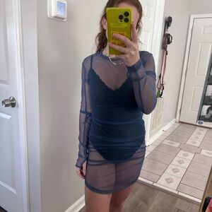 Mesh/Sheer Blue Long Sleeve Dress